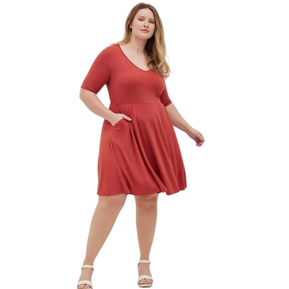 Torrid NEW Super Soft Skater Mini Dress Burnt Orange Rust Puff Sleeve 6X 30